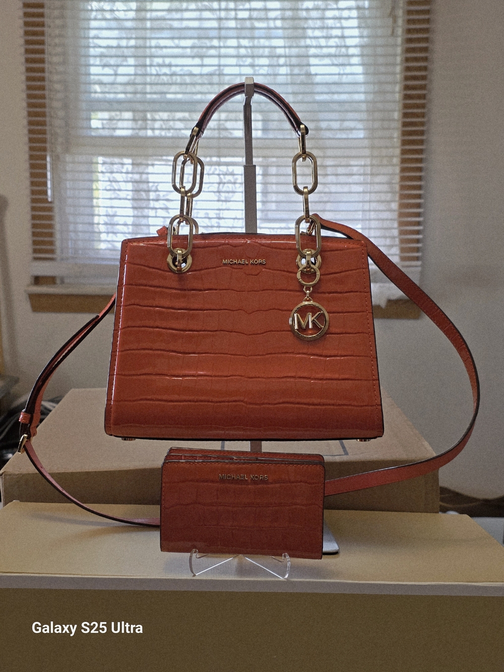 Michael Kors Cynthia Croc Embossed Leather Satchel In Spiced Coral + Wallet